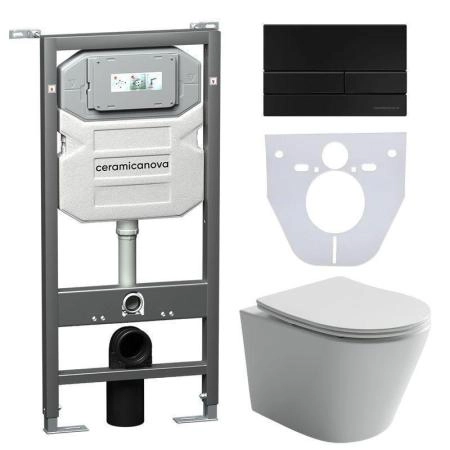 Сет 4 в 1: Подвесной унитаз Balearica Rimless арт. CN6000 + Шумоизоляционная панель для инсталляции арт. CN1000 + Система инсталляции для унитазов CERAMICANOVA Envision с кнопкой смыва Flat цвет черный матовый, креплениями, арт. CN1002B