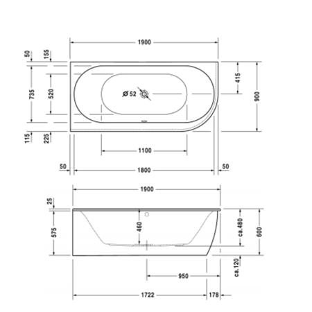 Duravit Darling New  Ванна 190х90x60см, акриловая, угол слева, с панелью и ножками,с 2 наклонами для спины, цвет: белый