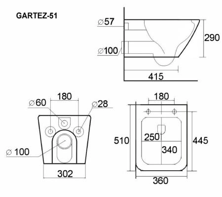 Унитаз подвесной ESBANO GARTEZ-51 безободковый подвесной белый 510x360x360