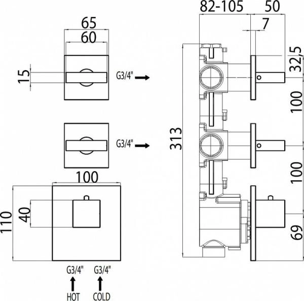 Термостат для ванны с душем Bossini Rectangular 2 Outlets LP Z033203.030, хром
