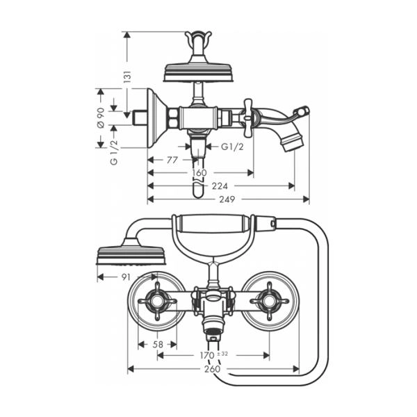 AX Montreux Смеситель для ванны, с двумя рукоятками, и ручным душем, настенный, цвет: хром