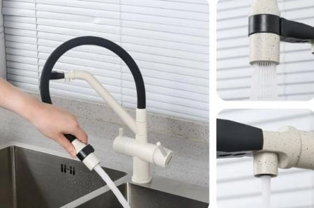 Смеситель Gappo G4398-81 для кухни с подключением фильтра питьевой воды.бел/чёр