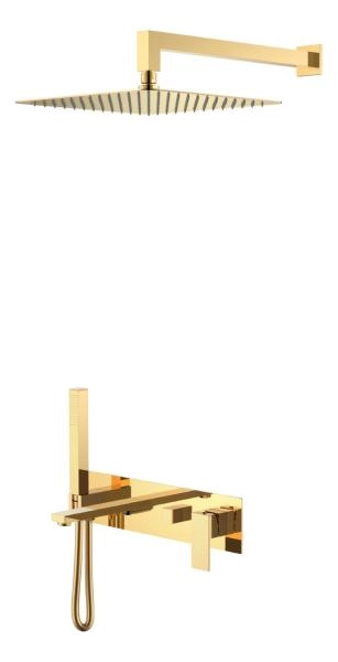 Смеситель встроенный + верхний+ ручной душ Boheme Qubic Shine Gold с изливом 474-G