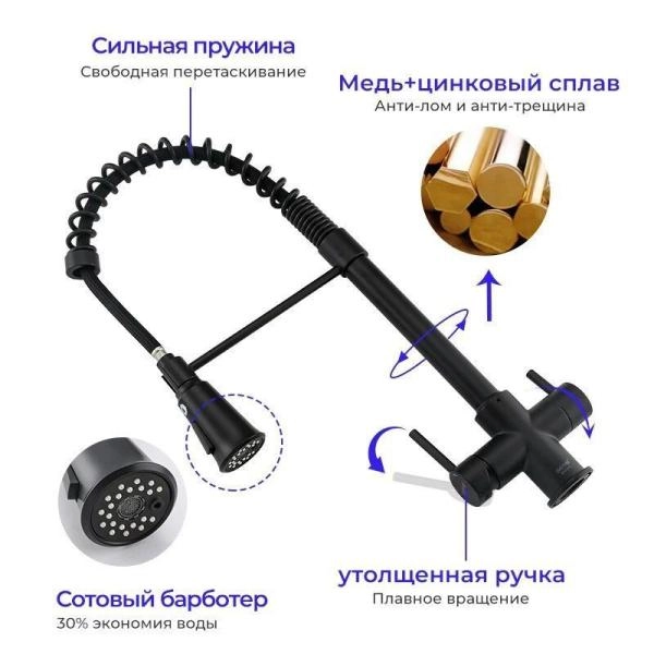 Смеситель Gappo G4398-66 для кухни с подключением фильтра питьевой воды.чёрный