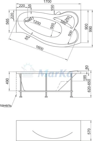 Ванна 1Marka GRACIA 170x99 L см левая без гидромассажа
