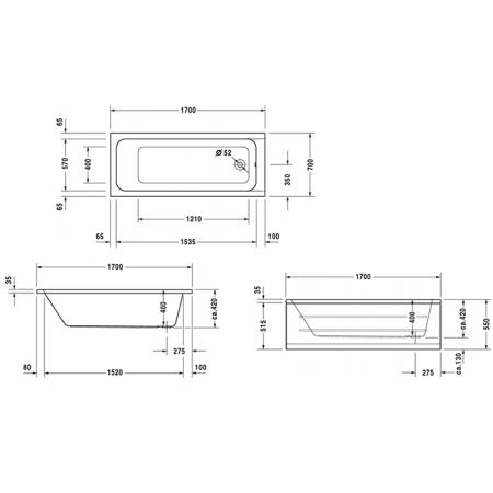 Duravit D-Code Ванна акриловая 170х70см., встраиваемая, с 1 наклоном для спины, выпуск в зоне ног, цвет: белый