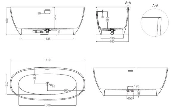 Ванна Salini ALDA 160х80 S-Stone матовая 101924M