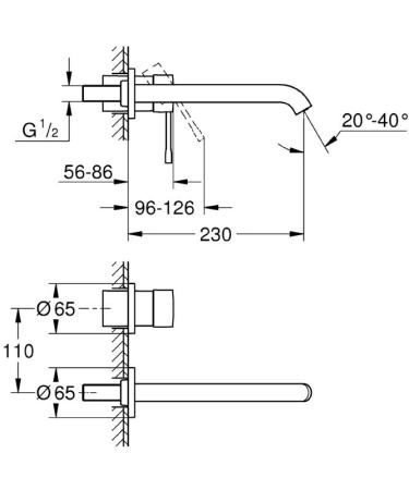Смеситель Grohe Essence+ 19967001 для раковины на 2 отверстия, вынос 201 мм, настенный монтаж