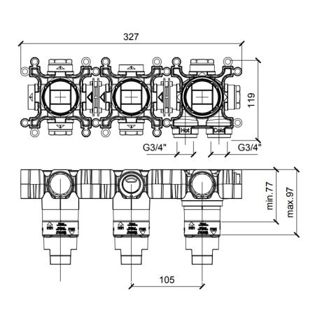 Almar Modular Встраиваемая часть термостатического смесителя на 2 потребителя, горизонтальный модуль, цвет: черный матовый