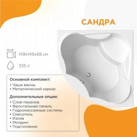 Акриловая ванна Сандра 149х149, фронтальная панель, каркас