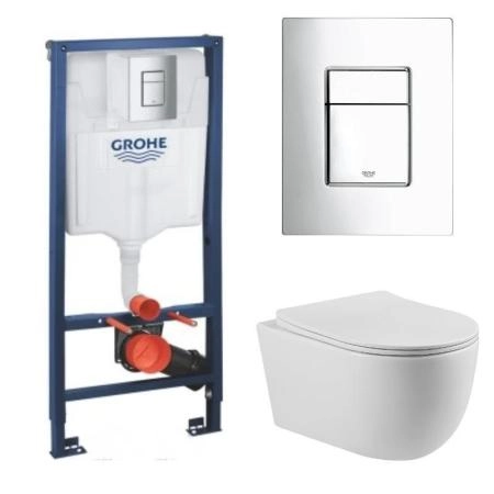 КОМПЛЕКТ Grohe + beWash:   Инсталляция 38772001 Grohe Rapid SL + BeWash Bogen Унитаз подвесной безободковый с сиденьем микролифт белый глянец 88313201 + 2111DP