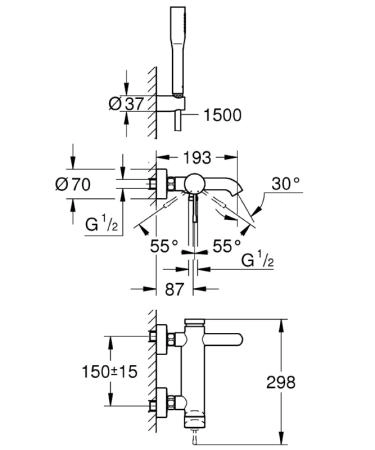 Смеситель Grohe Essence+ 33628001 для ванны однорычажный с душевым гарнитуром