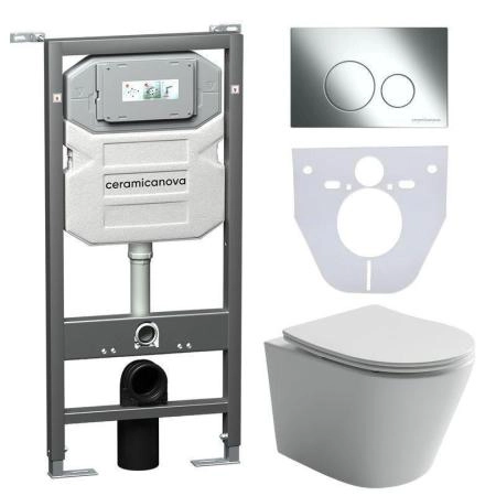 Сет 4 в 1: Подвесной унитаз Balearica Rimless арт. CN6000 + Шумоизоляционная панель для инсталляции арт. CN1000 + Система инсталляции для унитазов CERAMICANOVA Envision с кнопкой смыва Round цвет хром и креплениями, арт. CN1001CH