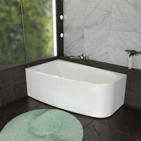 Ванна акриловая "РОНА 168х95" (правое исполнение), рама-подставка, фронтально-торцевая панель, слив-перелив автомат с сеточкой (хром, с сифоном)