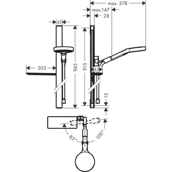 Hansgrohe 27671000 Rainfinity Душевой гарнитур H=900 мм, ?130 мм, 3 режима, алюм. проф./стекло, мыльница, хром