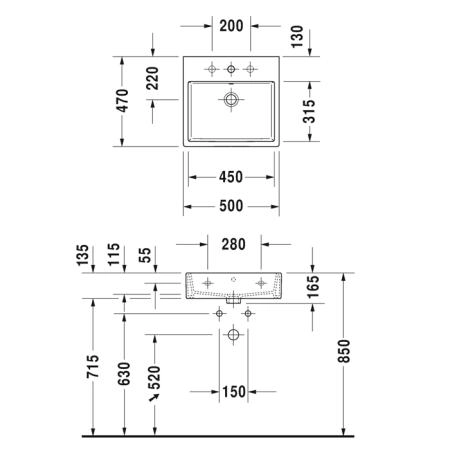 Duravit Vero Air Раковина 50х47см., подвесная, без отв., шлифованная, с переливом, цвет: белый