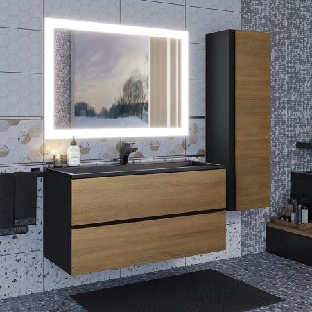 Тумба с раковиной Uperwood Barsa 100 см, раковина черная глянцевая, подвесная тумба черная/дуб сонома