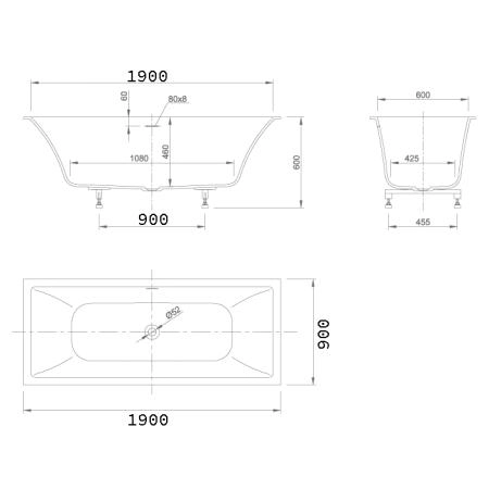 Knief Shape Ванна встраиваемая, 190x90xH60cм., с щелевым сливом переливом click-clack, с к-м ножек, цвет: белая матовая
