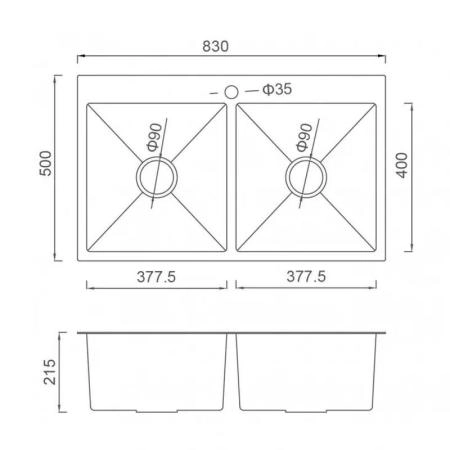 Кухонная мойка Gappo GS8350-6  830x500x215mm 0.8мм с коландером Черный