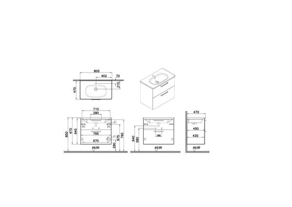 Тумба с раковиной  VitrA Root Flat  68289 80 см матовая серый камень МДФ
