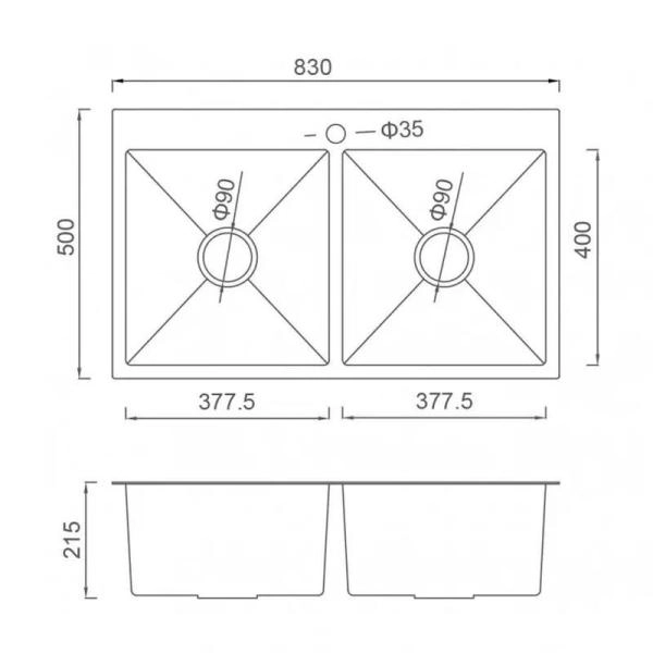 Кухонная мойка Gappo GS8350-6  830x500x215mm 0.8мм с коландером Черный