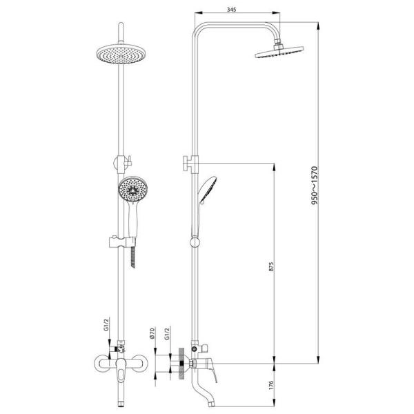 Смеситель Rossinka B35-46 для ванны и душа с регулируемой высотой штанги, поворотным изливом и лейкой "Тропический дождь"