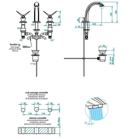 THG Papillon Смеситель для раковины, 3 отв., цвет: хром/прозрачный хрусталь