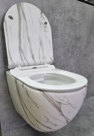 Унитаз Ceramalux 2213-K подвесной безободковый сиденье микролифт белый мрамор 505x365x360