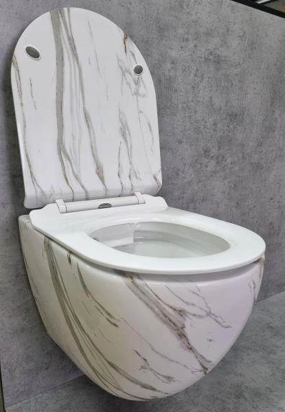 Унитаз Ceramalux 2213-K подвесной безободковый сиденье микролифт белый мрамор 505x365x360