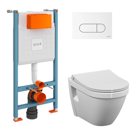 Инсталляция с унитазом VitrA S50 9003B003-7203 комплект 4 в 1 с сиденьем микролифт безободковый цвет клавиши глянцевый белый