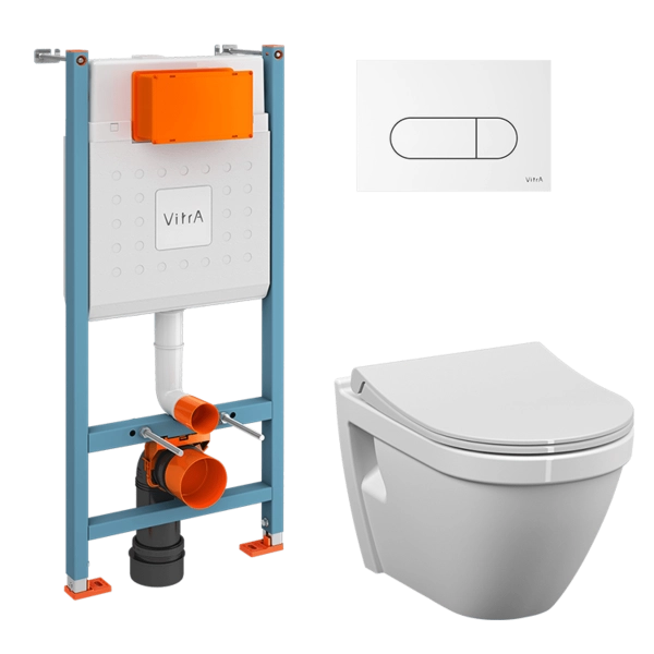 Инсталляция с унитазом VitrA S50 9003B003-7203 комплект 4 в 1 с сиденьем микролифт безободковый цвет клавиши глянцевый белый