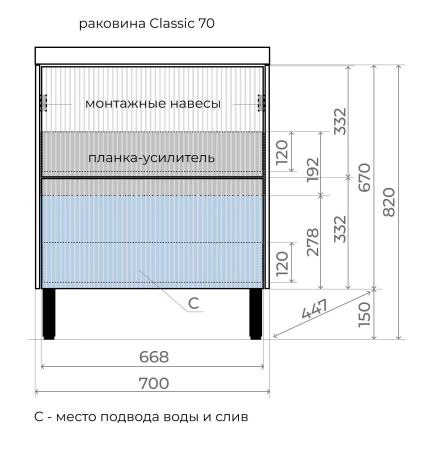 Тумба напольная Style Line Стокгольм 70, Classic 70, (2 ящ.) белый рифленый софт, PUSH