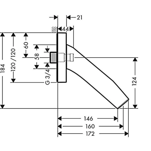 AX Starck Organic Излив для ванны, 160мм, настенный, &frac34;&rsquo;, цвет: хром