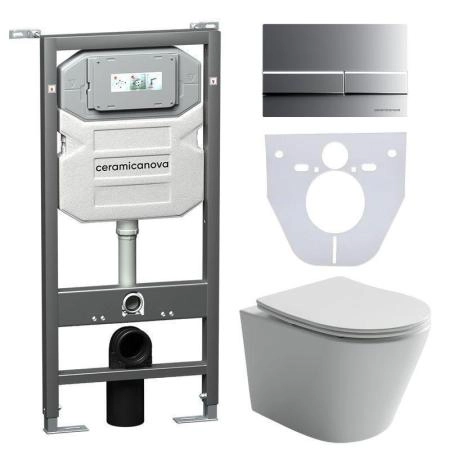 Сет 4 в 1: Подвесной унитаз Balearica Rimless арт. CN6000 + Шумоизоляционная панель для инсталляции арт. CN1000 + Система инсталляции для унитазов CERAMICANOVA Envision с кнопкой смыва Flat цвет хром матовый, креплениями, арт. CN1002M