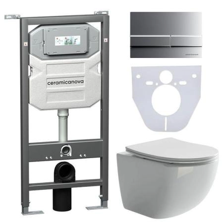 Сет 4 в 1: Подвесной унитаз Forma Rimless арт. CN3009 + Шумоизоляционная панель для инсталляции арт. CN1000 + Система инсталляции для унитазов CERAMICANOVA Envision с кнопкой смыва Flat цвет хром матовый, креплениями, арт. CN1002M