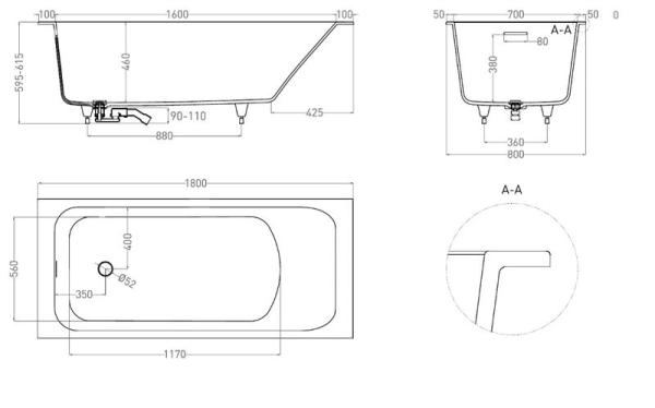 Ванна Salini ORLANDA KIT 180x80 S-Sense глянцевая 102112G