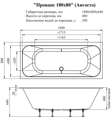 Акриловая ванна Прованс 180х80 Ангосто, установочный комплект