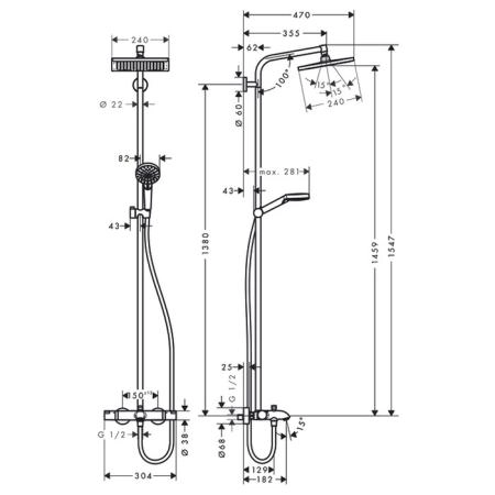 Hansgrohe Crometta E 240 SHP Душевая система 138см, с верхним душем 240х240мм., ручным душем и термостатическим смесителем, цвет: хром
