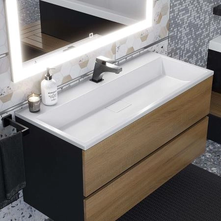 Тумба с раковиной для ванной для ванной Uperwood Barsa 100 см, раковина белая, подвесная тумба черная/дуб сонома