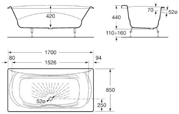 Ванна Roca Akira 2325G000R чугунная 170x85 см