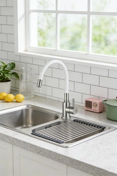 Cмеситель для кухни Ceruttispa Атэна H-W (ATENA H-W) из нержавеющей стали, цвет хром, излив белый