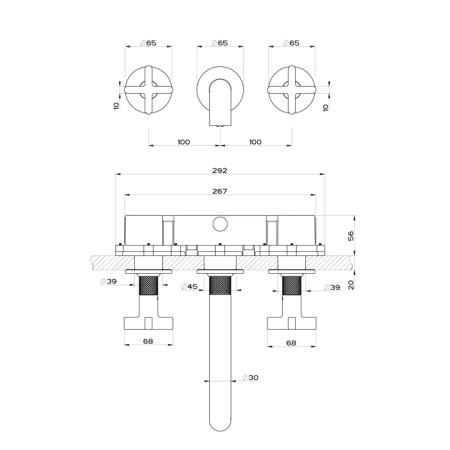 GESSI INCISO Встраиваемый смеситель для раковины на 3 отверстия с изливом 210-190мм (внешние части), цвет: nero XL