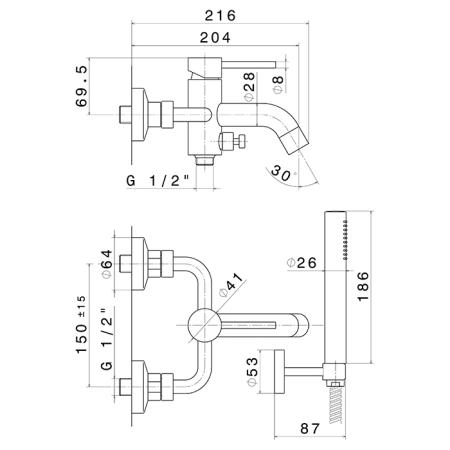 Newform XT Смеситель для ванны, с ручным душем и гибким шлангом, цвет: PVD copper bronze