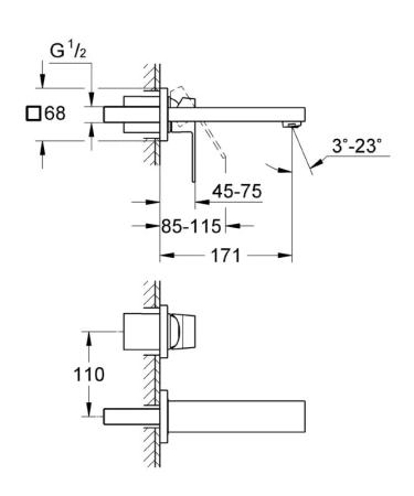 Смеситель Grohe Eurocube 19895000 для раковины на 2 отверстия, настенный монтаж, комплект врехней монтажной части для 23 200