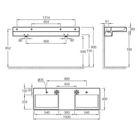 Раковина Jacob Delafon TERRACE EXA112-00 150 см подвесная двойная