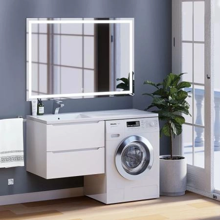 Тумба под стиральную машину Uperwood Tanos 60 см подвесная с раковиной Cosmos 120 см левая, белая