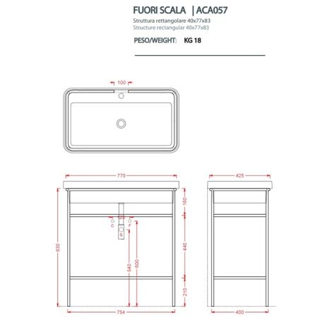 Artceram FUORI SCALA Металическая структура 40x77хh83см с раковиной на 1 отв, Fuori Scala rettangolare 81, напольная, цвет: черный матовый