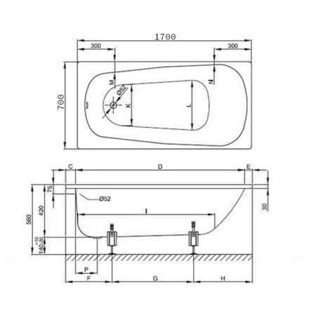 BETTE Form 2020 Ванна 1700х700х420 мм., антишум, BetteGlasur® Plus, BetteАнтислип, цвет белый с черным пятном на бортике