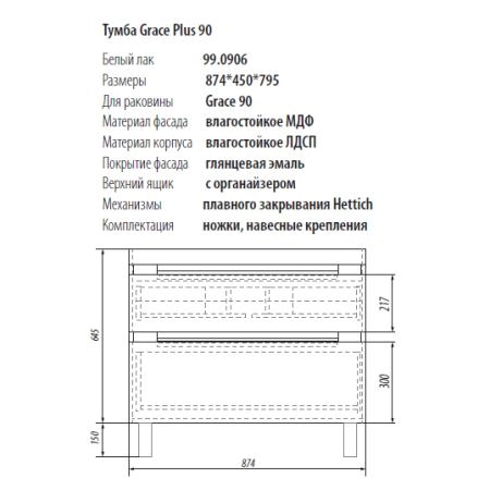 Тумба Dreja Eco Grace Plus 99.0906 90 см, белый лак, 2 ящ, под раковину