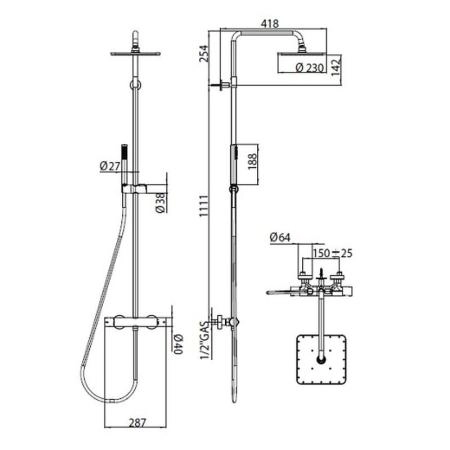 Душевая система Bossini Cosmo L10103.030 с термостатом, верхний душ 230х230 мм, ручной душ, хром